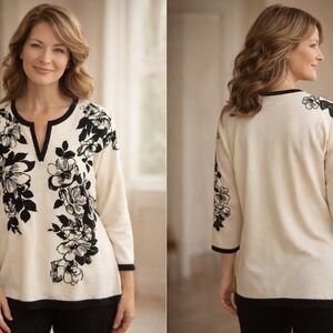 Cathy Daniels Cream Black Floral Knit Top L Work Church Classic